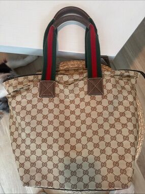 Gucci Beige Monogram Canvas Tote with Red and Green Straps automatic